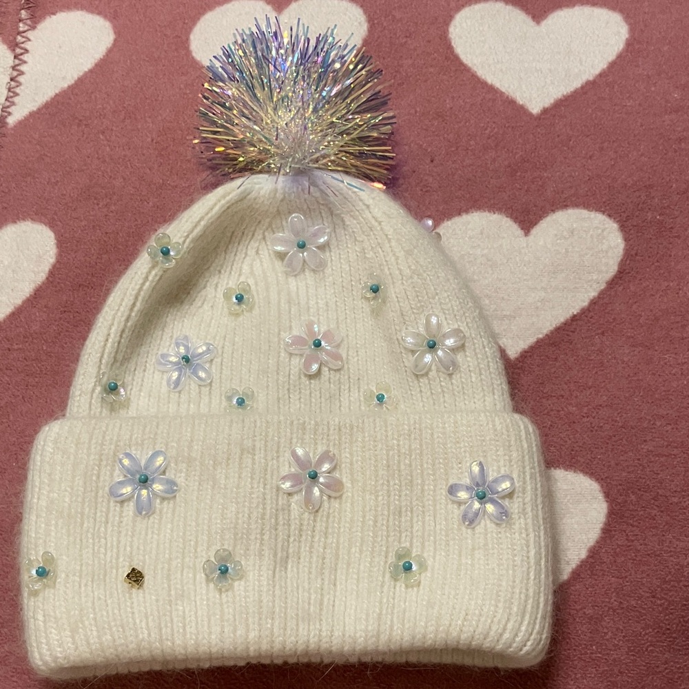 White Floral Cashmete Beanie with Pom Pom
